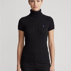 Ralph Lauren Black Cable-Knit Short-Sleeve Turtleneck with Purple Pony